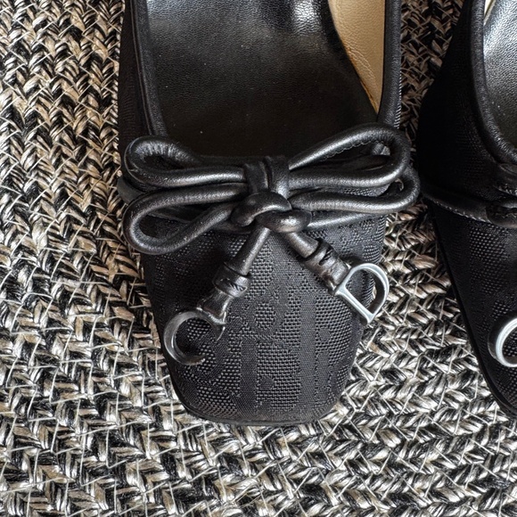 Dior "Black Monogram Canvas - Mid Heel Pumps - Leather Bow, Dangling CD Charms - Picture 4 of 12